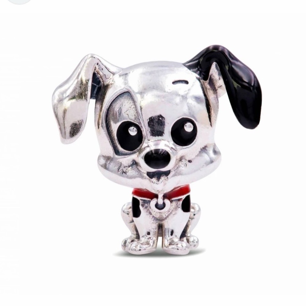 Pandora Silver Dalmatian Charm with Black Spots and Red Collar